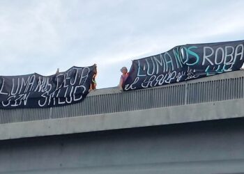 Integrantes del colectivo Mujeres contra LUMA realizaron una manifestacieon en uno de los puentes sobre el expreso Las Américas. (suminisrada)